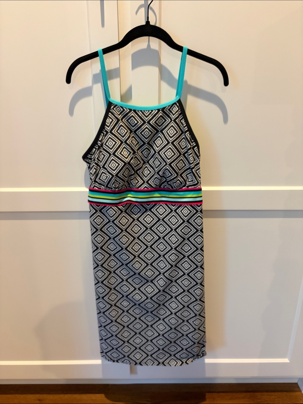 Title Nine Geometric Print Spaghetti Strap SwimDress in Black & Teal